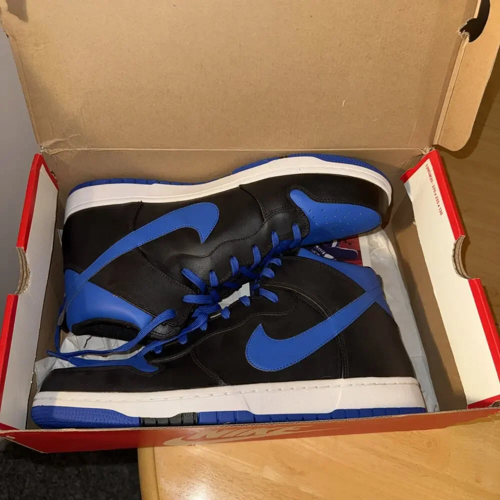 Size 14 - Nike Dunk High Black - Royal COMFORT 317982-049 Damaged Box Dead Stock